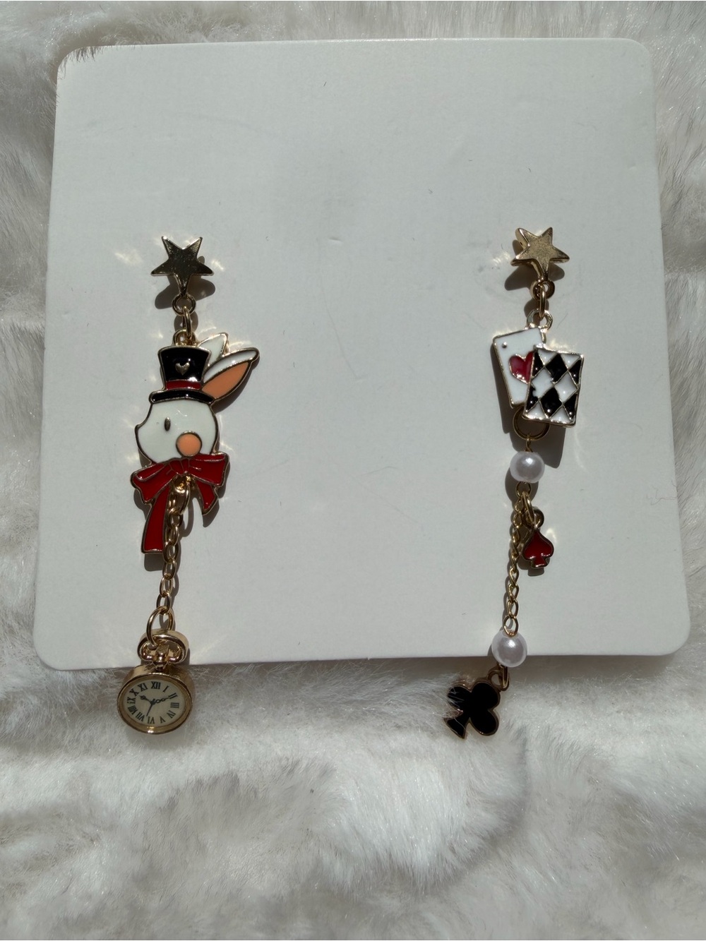 Alice in Wonderland Inspired Gold Bunny and Card Dangle Earrings